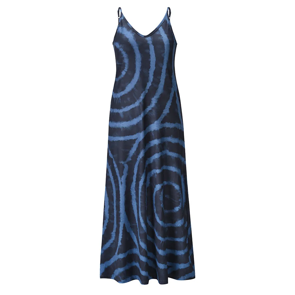 Women Dress Sleeveless V-neck Striped Bohemian Dresses For Plus Size Sexy Black Blue Long Girls Summer 210524
