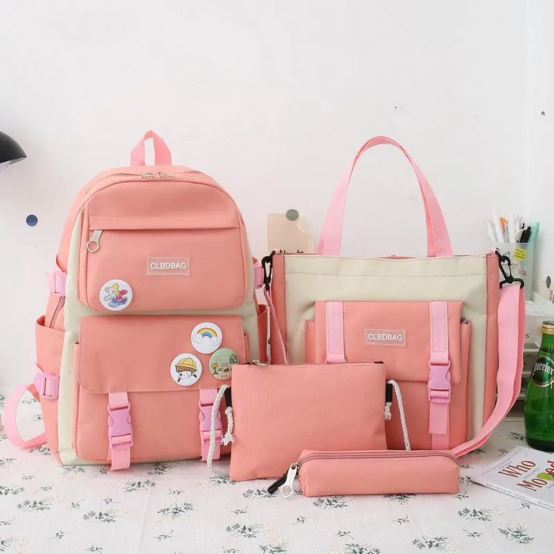 Школьные сумки, комплект из 4 предметов, Harajuku, женский рюкзак для ноутбука, холст для девочек-подростков, Kawaii, студенческая детская книжная сумка, рюкзак 2021262A