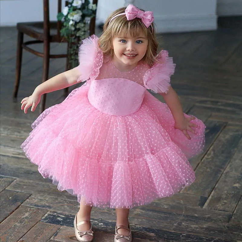 Летние дети девушка партия платья точка сетка принцесса для свадьбы фортепиано выполнить день рождения цветок девушки одежда E2139 210610