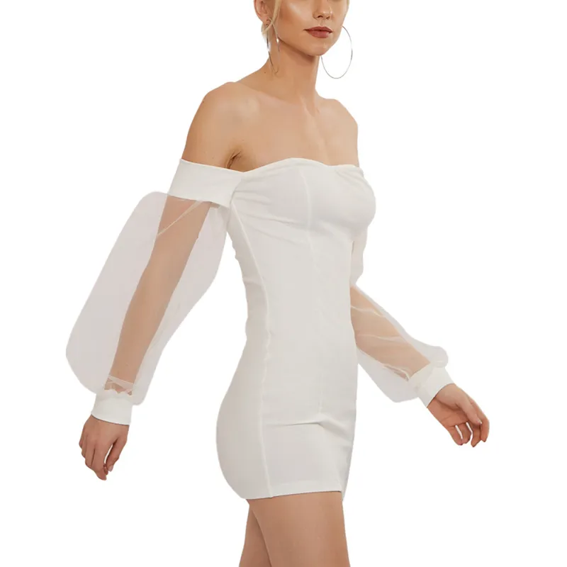 Kvinnor Pencil Dress Puff Sleeve Transparent Solid Färg Off-The-Shoulder Mesh Slim Elegant Ladies Mini Kläder 210522