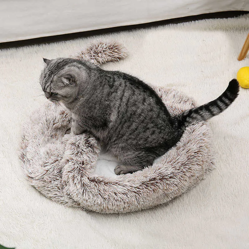 Zimowe długie pluszowe legowiska dla kotów okrągła poduszka dom 2 w 1 samoocieplający worek przytulny śpiwór kosz dla małych psów 211006