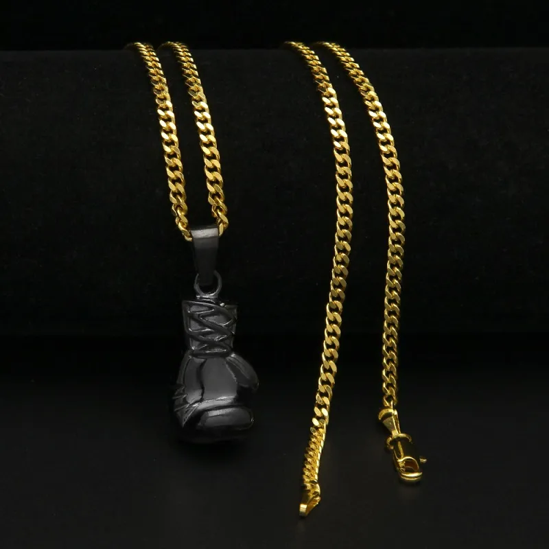 Herren Hip Hop Halskette Schmuck Edelstahl Schwarz Boxhandschuhe Anhänger Halsketten Mit 3mm 60cm Gold Kubanische Kette2129