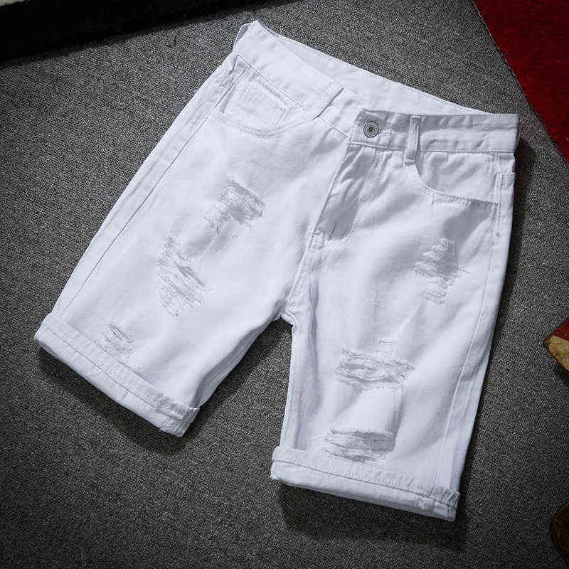 Homens White Denim Shorts Novo Verão Homens Homens Holes Casual Shorts Jeans Homens de Algodão Sólido Slim Fit Calções Calças De Comprimento G1209