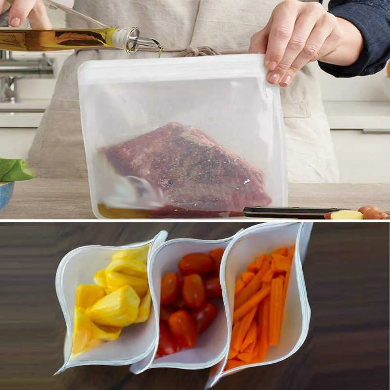 Silikonowa torba żywności Frosted Peva Świeżym Utrzymywanie Zamrażarka Zamrażarka Zipper Owoce Szczelne KZH 210922