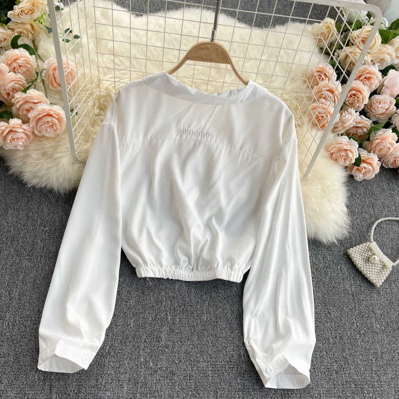Camicia bianca moda donna risvolto manica lunga nodo vita alta puro corto top femminile coreano abbigliamento vintage camicetta R643 210527