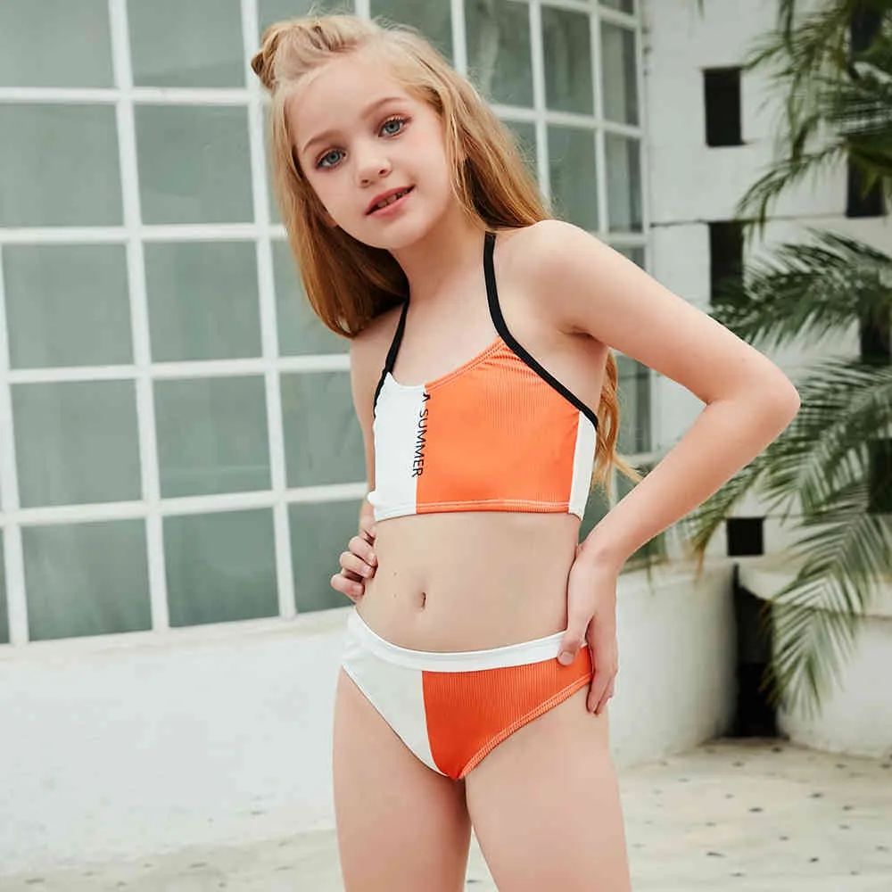 2021 Halter Sommer Mädchen Bademode Patchwork Baby Kinder Bodys Biquini Infantil Badeanzüge Bikini Set Kinder Für 6-14 Jahre