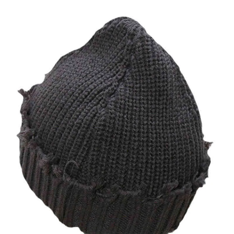 Bonnet tricoté avec des trous pour hommes et femmes 2021 New Winter Solid Color VINTAGE Cap Girls Fashion Skullies Beanies Warm Casual Caps Y21111