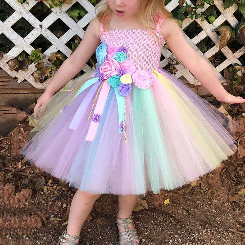 2021 nuove ragazze bambini estate fiore tutu abiti bambini principessa arcobaleno vestiti ragazze festa di compleanno abito da sposa costume bambino Q0716