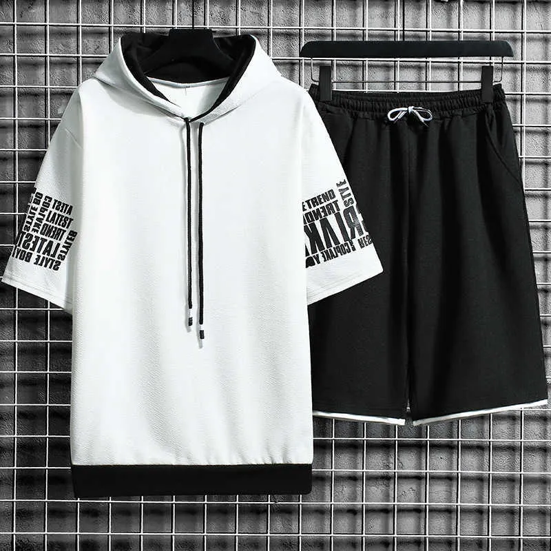 Hombres conjunto casual sudadera con capucha camiseta de manga corta pantalones cortos masculino jogging traje deportivo traje de chándal estilo de calle de verano 210722