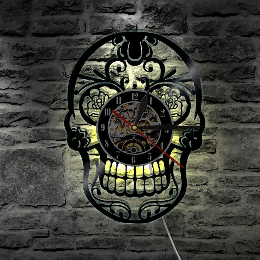 يوم الحائط Diat de de de los Muerte Mexican Mexican Record Wall wall مع LED LED Gothic Sugar Skull Watch Decor X07265283085