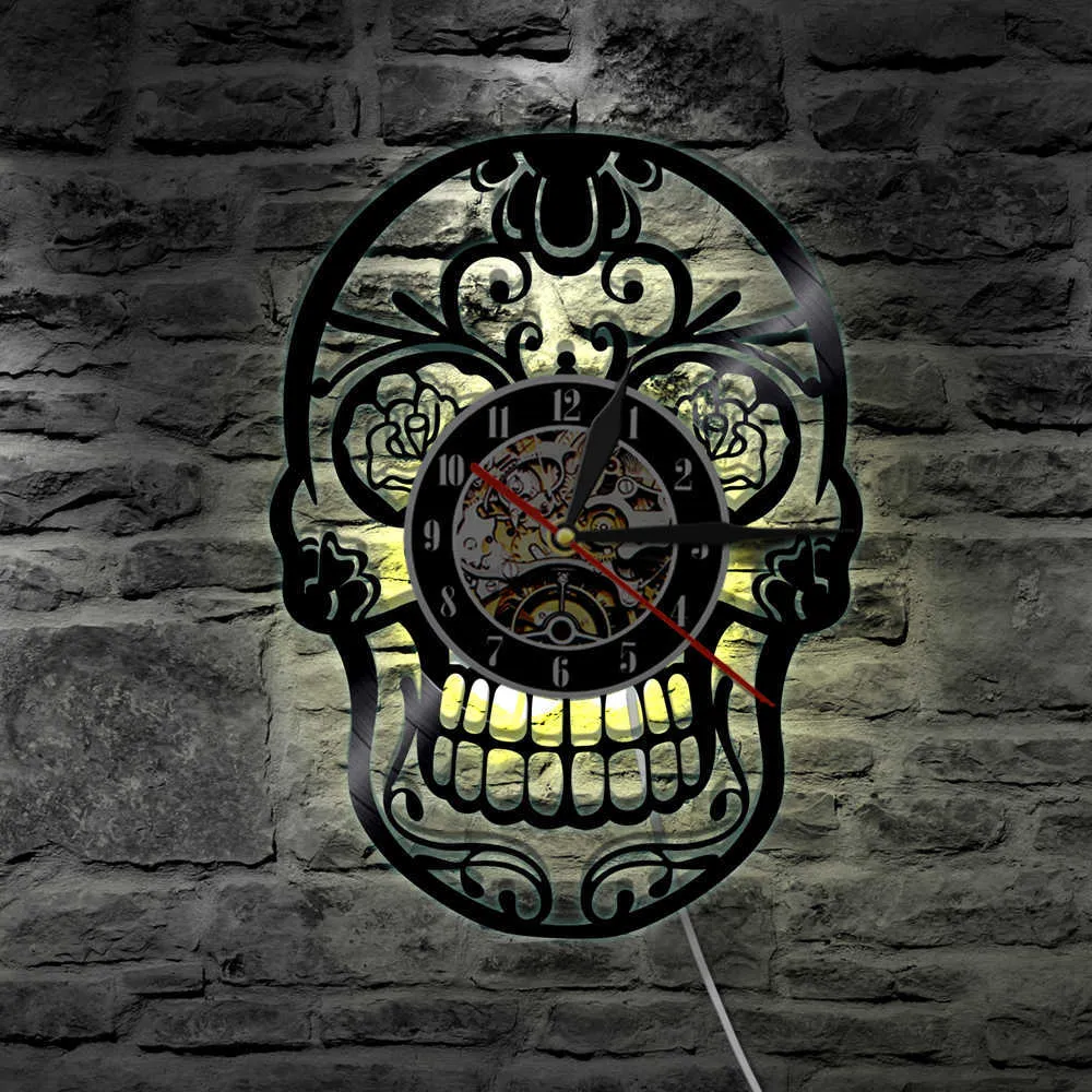 The Day of Dead dia de los Muerte Mexican Skull Record Wall Clock With Led Lighting Gothic Sugar Skull Watch Home Decor X07269467887