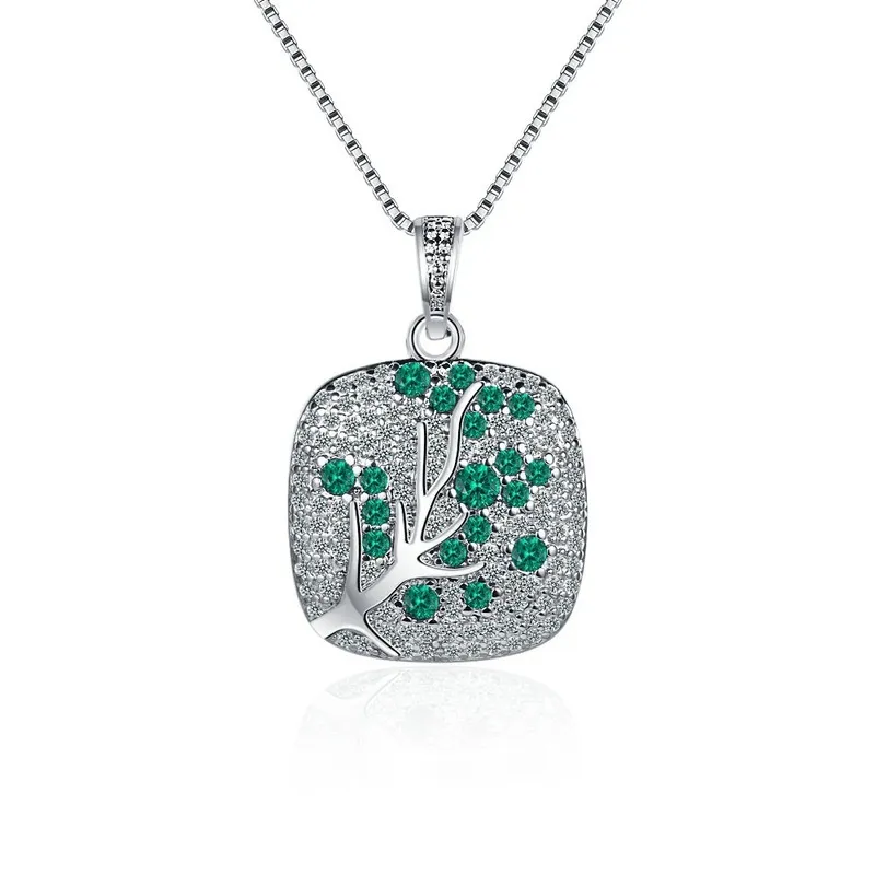 Mode svart guld träd halsband smycken 925 sterling silver kvinnor hängsmycke grön rosa zircon kvadrat tjej halsband xdz546