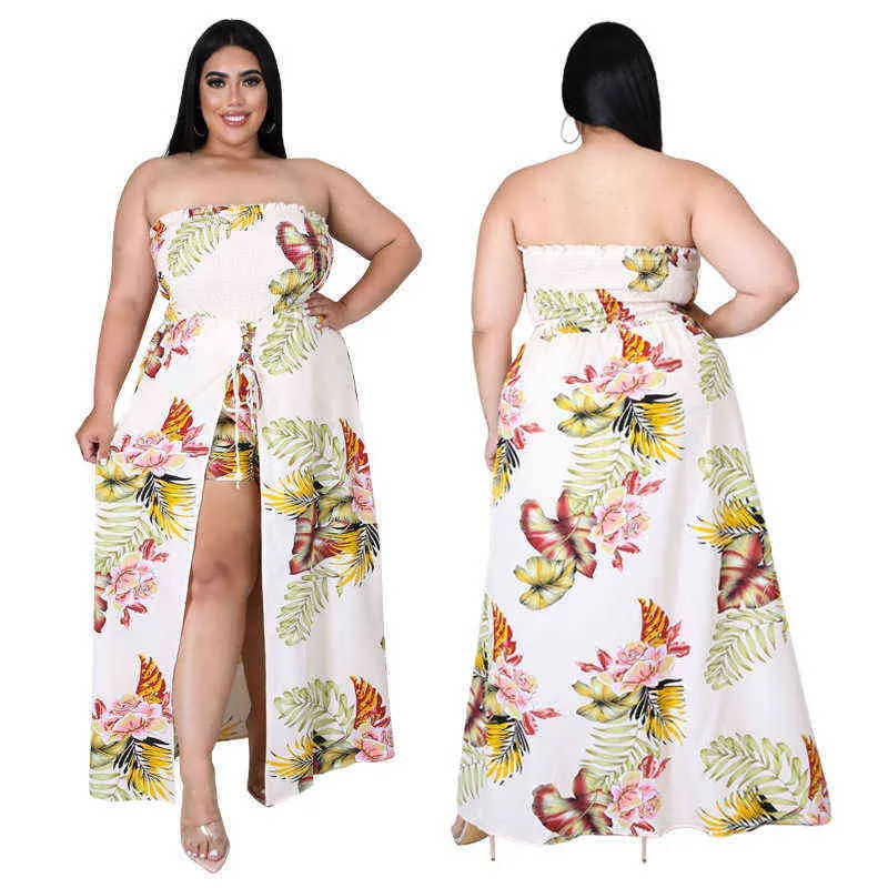 Plus Size Damkläder Anpassad Sexig Ärmlös Tube Top Fashion Fold Printing Personlighet Split Casual Jumpsuit 211116