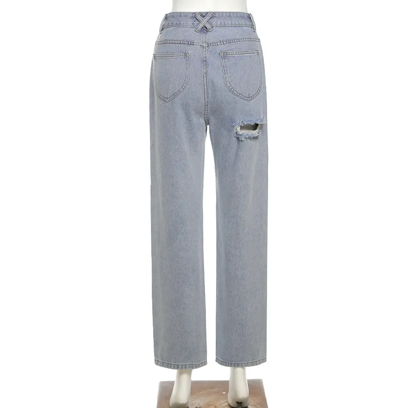 Hellblaue zerrissene Vintage-Jeans mit weitem Bein für Damen, hohe Taille, lockere, gerade Denim-Hose, solide, modische, lässige Boyfriend-Hose 210517