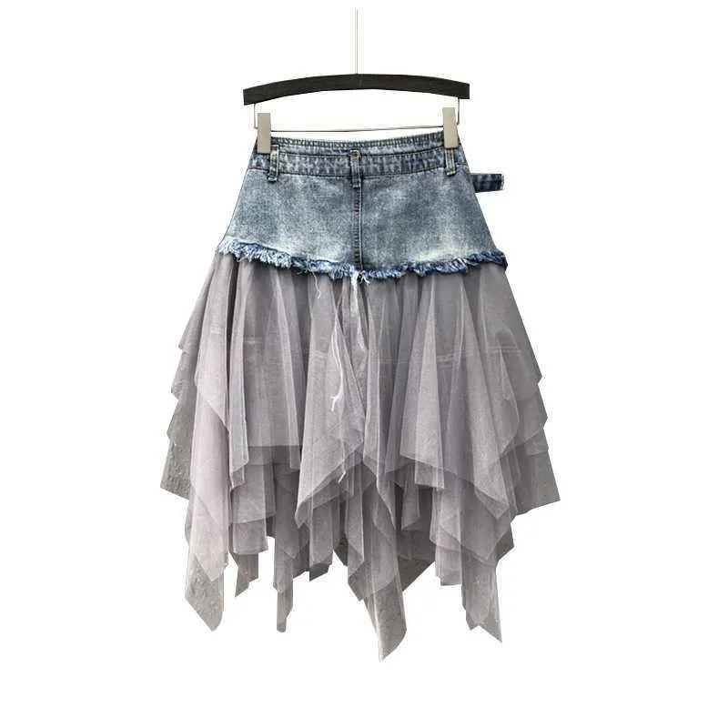 Vrouwen denim mesh patchwork kanten rok hoge taille een lijn asymmetrische frill tule gothic chic rokken 210621