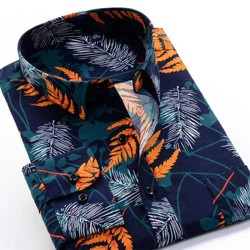 Marca SHANBAO, camisa clásica de manga larga con estampado de flores y hojas de plantas para hombre, camisa informal de primavera de talla grande XXL-10XL 210721