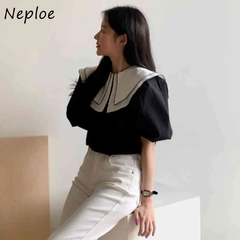 Temperament Big Peter Pan Collar Short Sleeve Blouse Women Work Style Ol Blusas Summer All Match Ladies Top 210422