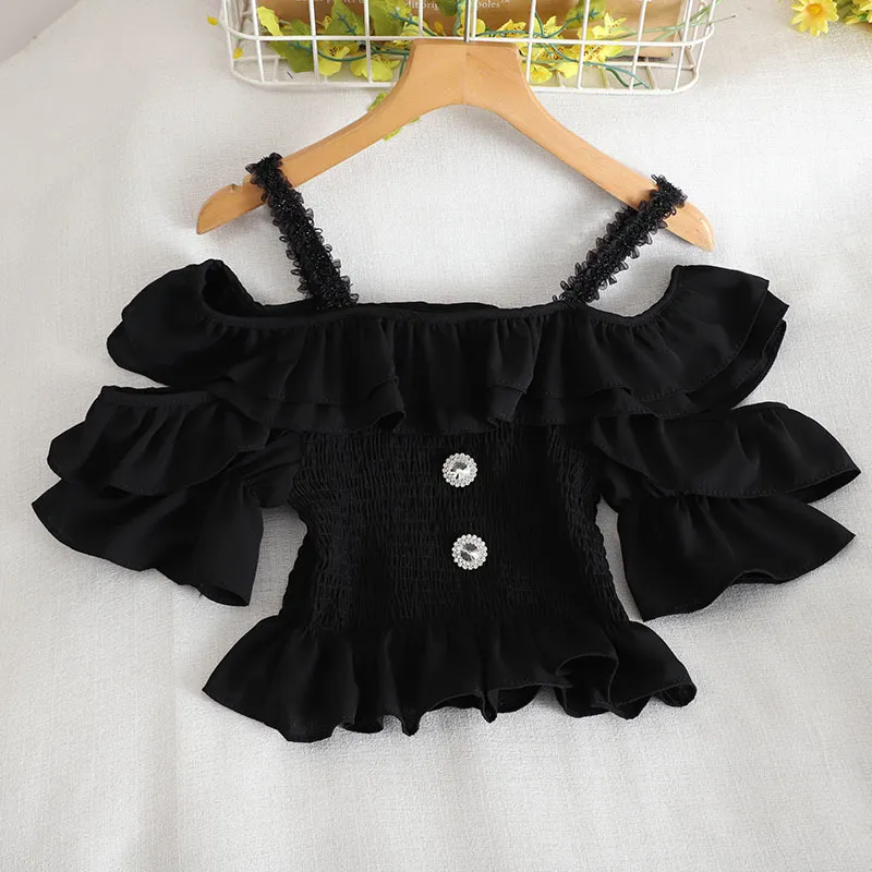 Kimutomo Sweet Ruffles Blus Kvinnor Slash Neck French Style Off Shoulder Puff Sleeve Slim Short Shirt Sommar Top Kvinna 210521