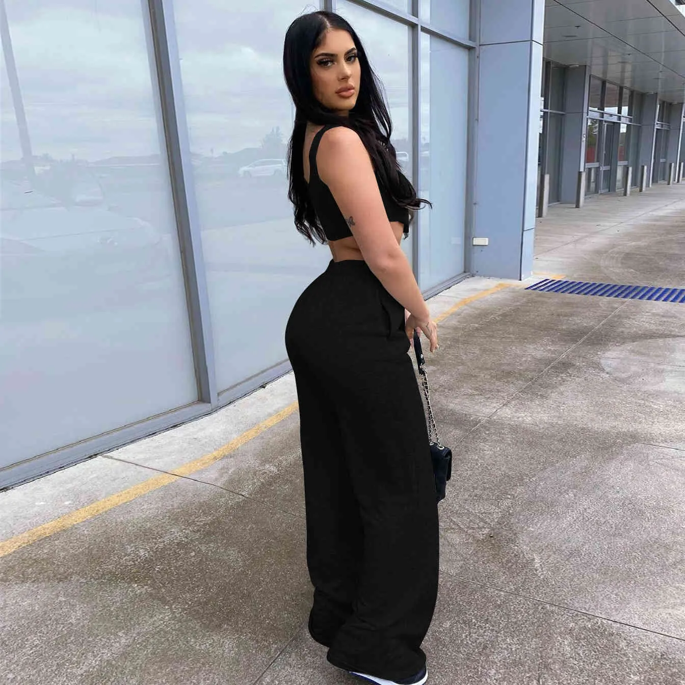 Women Two Piece Set Outfits Solid Sexy Sleeveless Corset Top Loose Casual Sweatpants Jogging Drawstring Sporty Pants Summer 210517