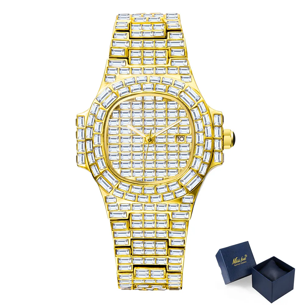 Totalmente baguette diamante relógio masculino estilo hip hop relógios masculinos topo aaa quartzo masculino relógio de pulso homem jóias271e