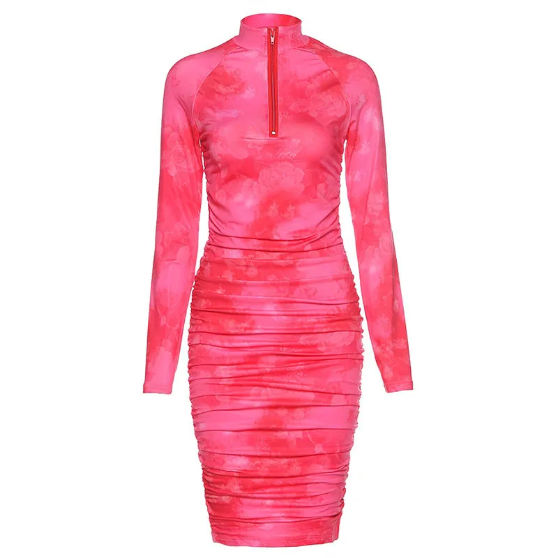 Ezgaga Dresses for Women O-Neck Long Sleeve Tie Dye Zipper Thin Slim Party Ladies Sexy Bodycon Dress Clubwear Vestido Feminino 210430