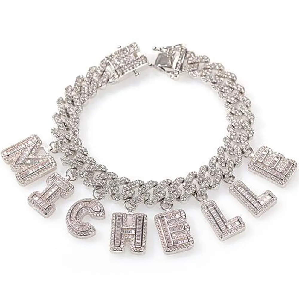 Custom Name Zircon Baguette Letters 12MM Austrian Rhinestone Cuban Chain Necklace &Bracelets Anklet For Men Women265k