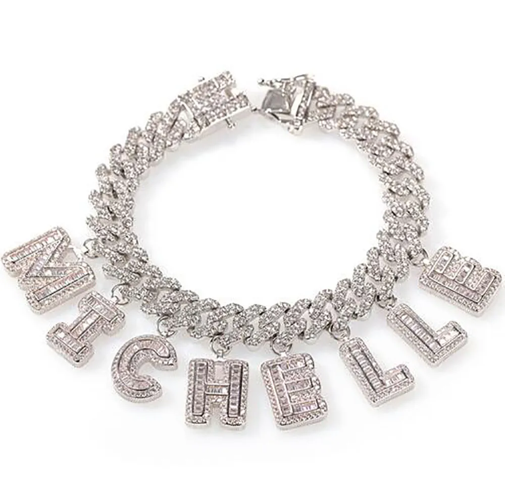 Nombre personalizado letras Baguette de circón 12MM diamantes de imitación austriacos cadena cubana collar pulseras tobillera para hombres mujeres 296E