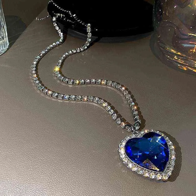 Grand collier pendentif coeur en cristal pour femmes collier complet en strass Titanic coeur de l'océan coeur bleu amour pour toujours bijoux G1206