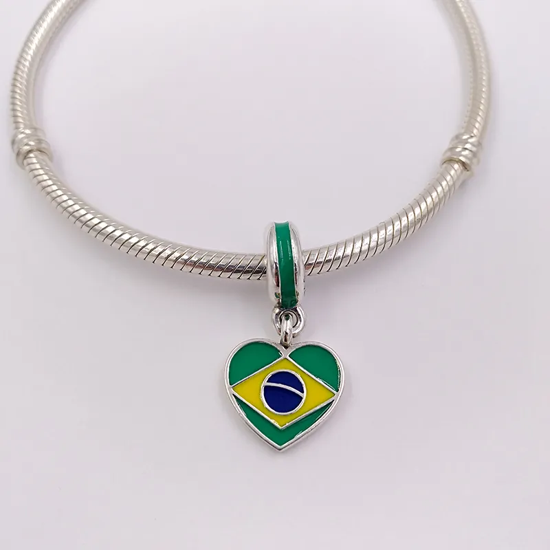 Charms Perlen für die Schmuckherstellung Brasilien HERZ FLAGGE Pandora 925 Silber Hand Knöchelarmband Damen Herren Armreif Perlenset Halskette Anhänger Geburtstagsgeschenke 791911ENMX