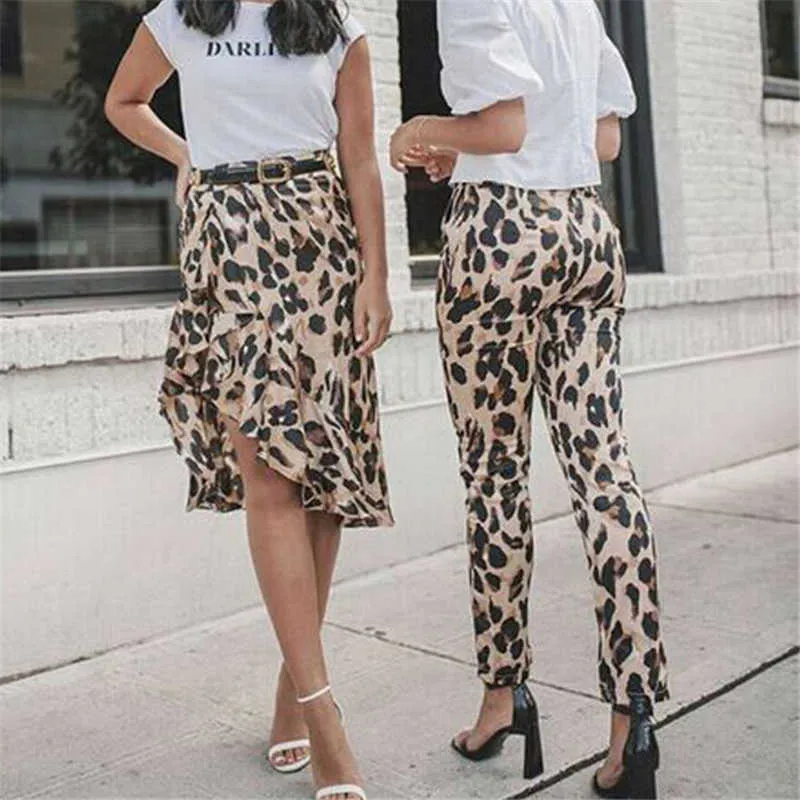 Femmes sexy jupe mode imprimé léopard taille haute dames soirée soirée mini s lacets volants crayon s 210607
