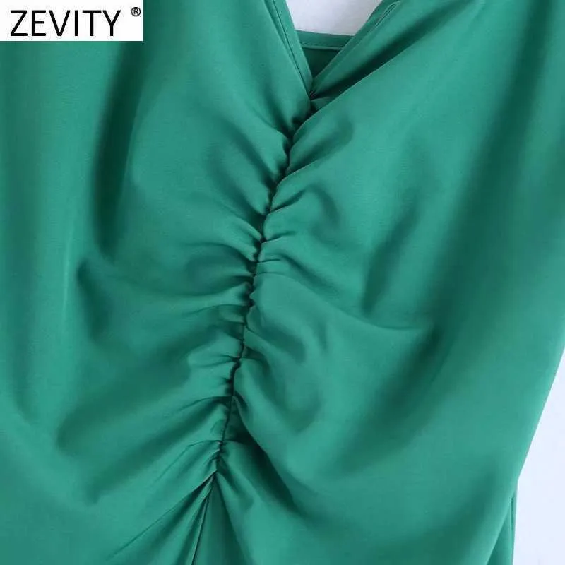 Zevity Women Sexy Pleated Design V Neck Green Color Sling Dress Female Chic Backless Casual Slim Party Beach Vestido DS8274 210603