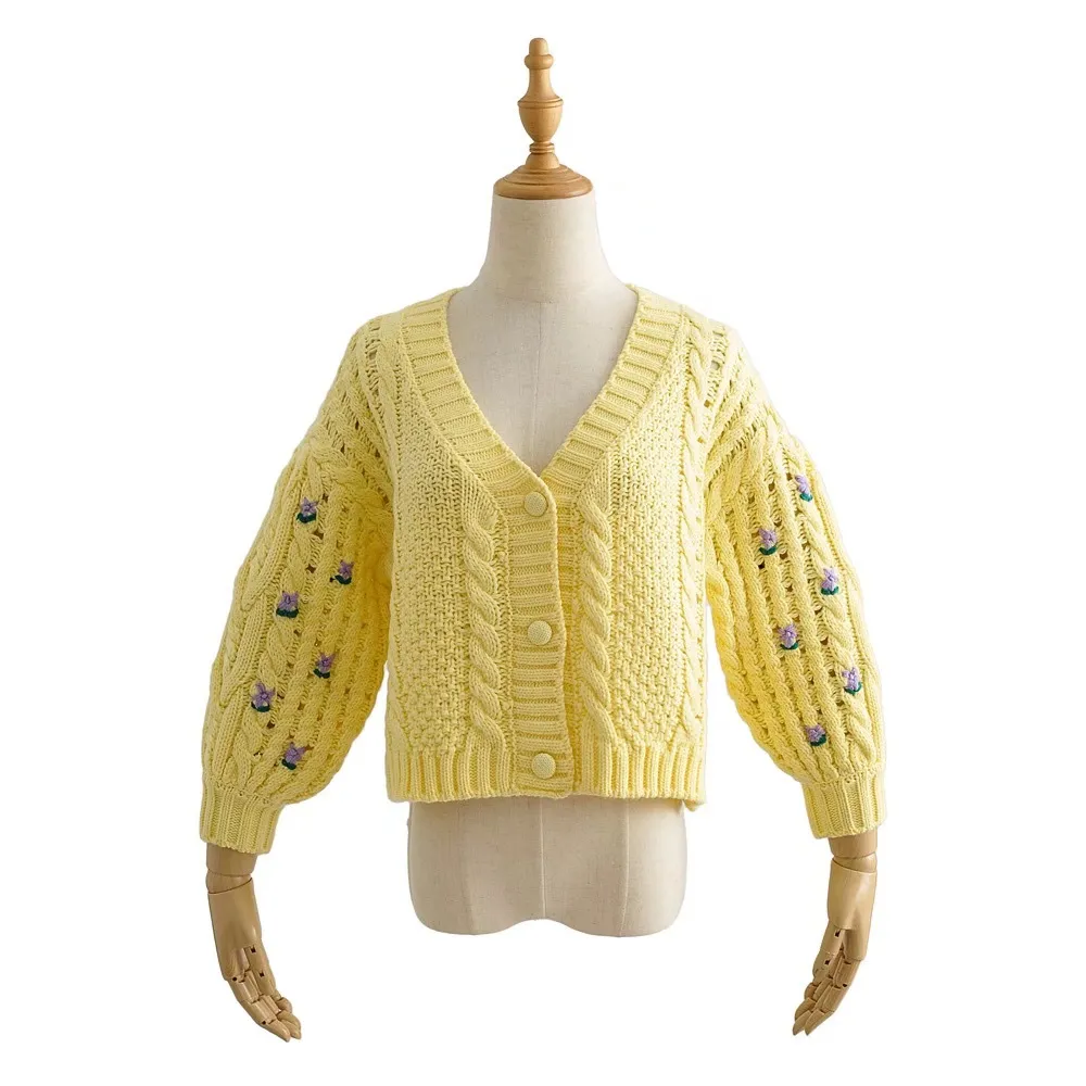 Stylish Women Puff Sleeve Hand Crochet Cardigan Streetwear V neck Long sleeve Knitted Cropped Sweater Yellow Black Korea Clothes 210429