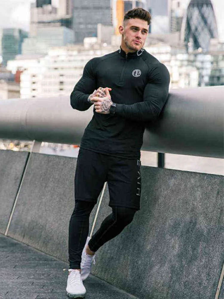 Men's Skinny Fitness Sets Bodybuilding Cycling Stretch Tracksuits Tight Long Sleeve Sportswears+ 2 in 1 Leggings Pants 211230