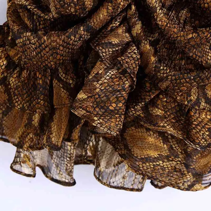 Femmes serpent peau impression cascade à volants ourlet Mini robe femme à manches longues vêtements amples décontracté dame Vestido D6691 210409