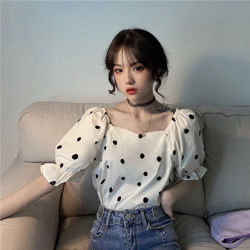 Рубашки блузки мода старинные шикарные корейские летние квадратные шеи с коротким рукавом в горошек урожай вершины черный белый blusas mujer slim 210610