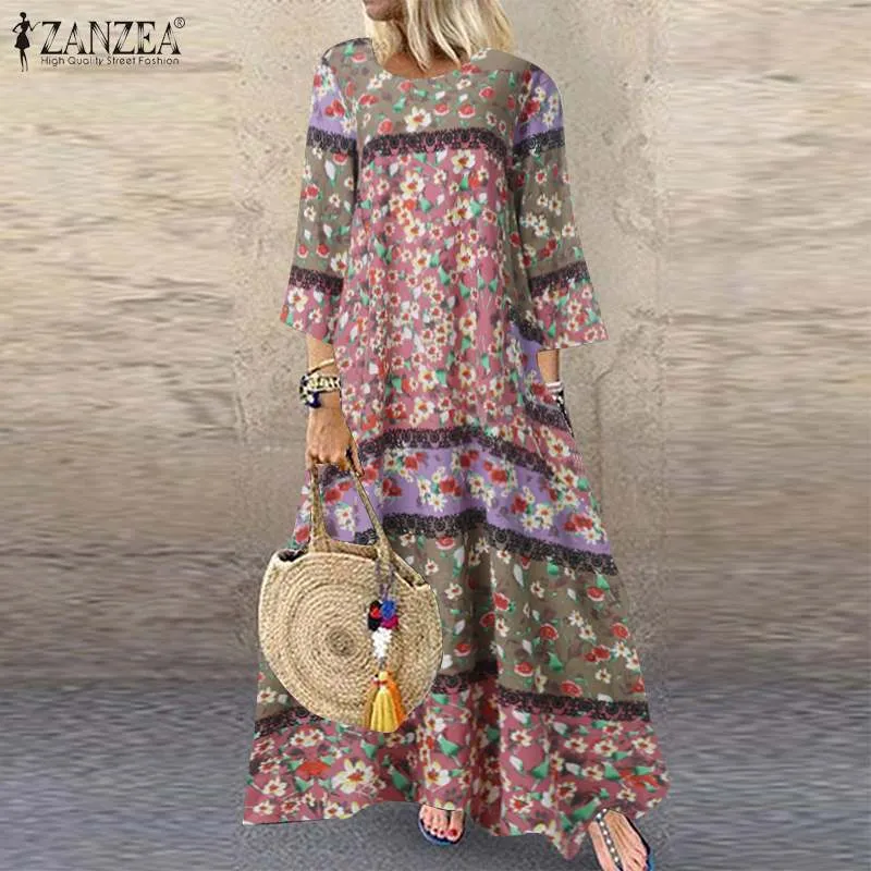 ZANZEA Vestido de primavera Tallas grandes Mujeres 3/4 Manga Bohemio Estampado floral Vestidos de fiesta de algodón Vestidos de verano Vestidos Túnica femenina X0521