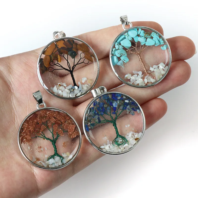 Naturstein Baum des Lebens Halskette Anhänger Kristall Tigerauge Glas Terrarium Halskette für Frauen Mädchen Feiner Modeschmuck
