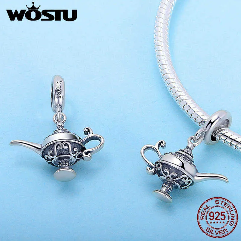 WOSTU 925 Sterling Silver Lamp of Aladdin Dangle Charm Fit Original DIY Beads Bracelet Lucky Jewelry Gift FIC703311H