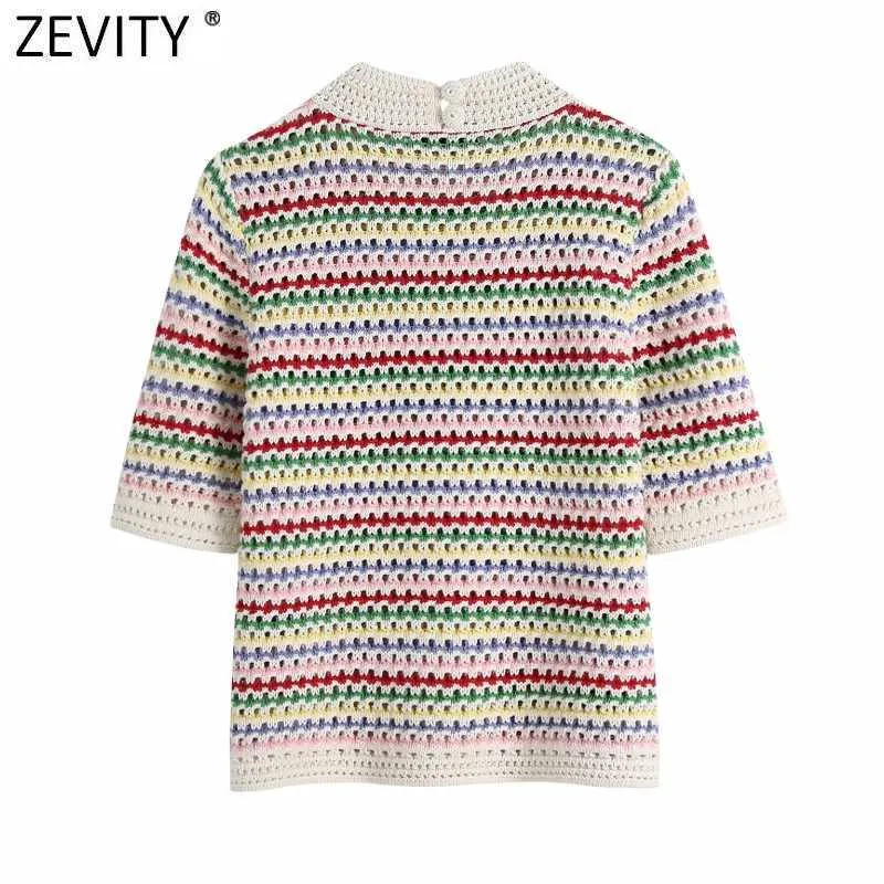 Zevity Women Stand Collar Rainbow Striped Casual Jacquard Knitting Sweater Female Chic Short Sleeve Pullovers Hollow Tops SW804 210806