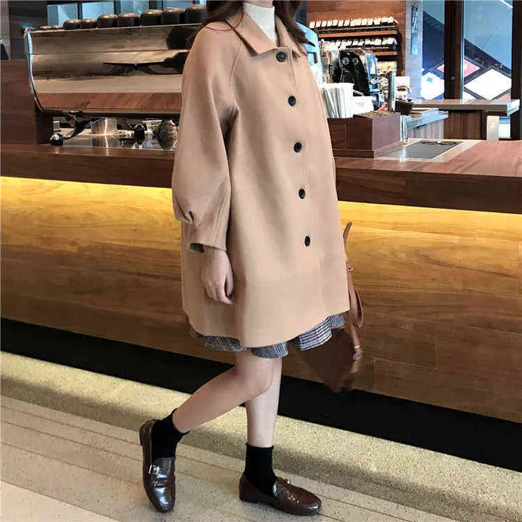 Autumn Winter Classic Women Overcoats Casual Lapel Single-breasted Loose Wool Coats Vintage Long Sleeve Chic Female Outwear 211110