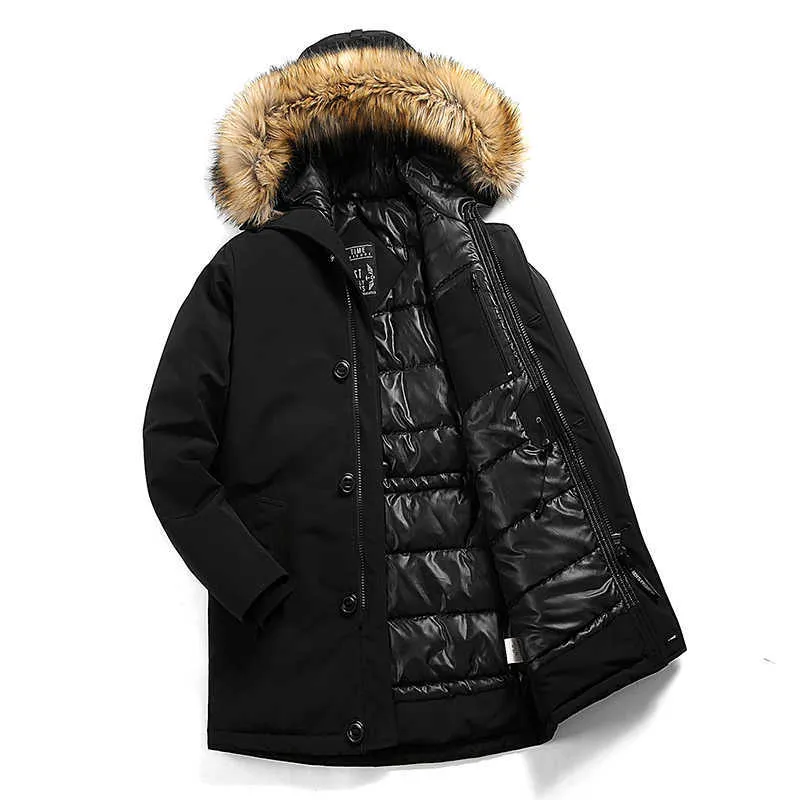 Män Vinter Casual Classic Long Fur Collar Tjock Parkas Jacka Coat Men Outwear Hooded Fickor Vattentäta Jackor Parka Män 211008