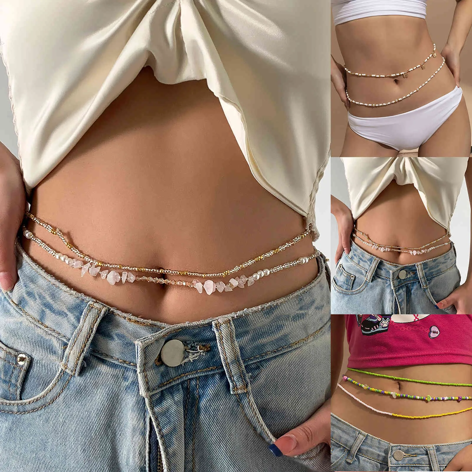 Frauen Perlen Multi-schicht Urlaub Stil Kontrast Farbe Kette Zodiaque Bauch Taille Sexy Körper Schmuck Geschenk