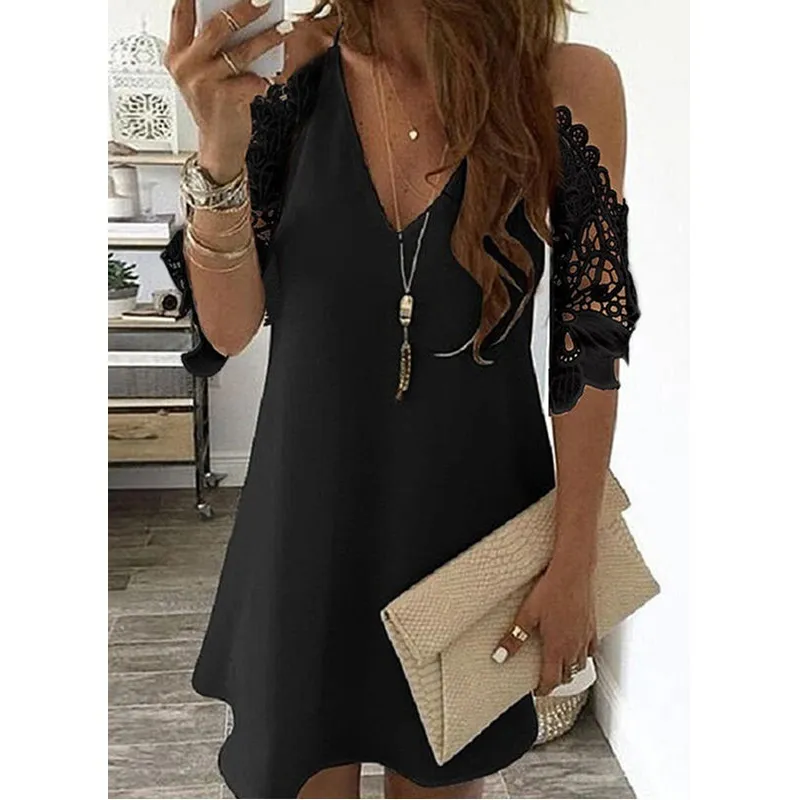 New Women's Summer Half Sleeves Solid Color Dress Off Shoulder Female V Neck Lace Casual Plus Size Sling Party Dresses X0521