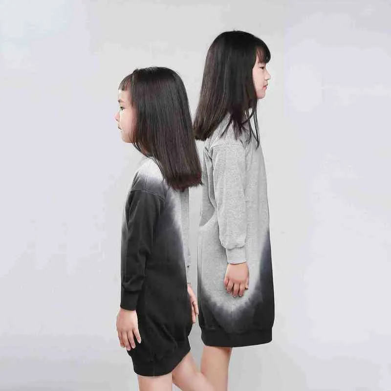 4~14年のタイ色の女の子のドレス秋2021新しいティーンカジュアルなMidiのドレス子供服グレーと黒の柔らかい100％の綿、＃6408 G1218