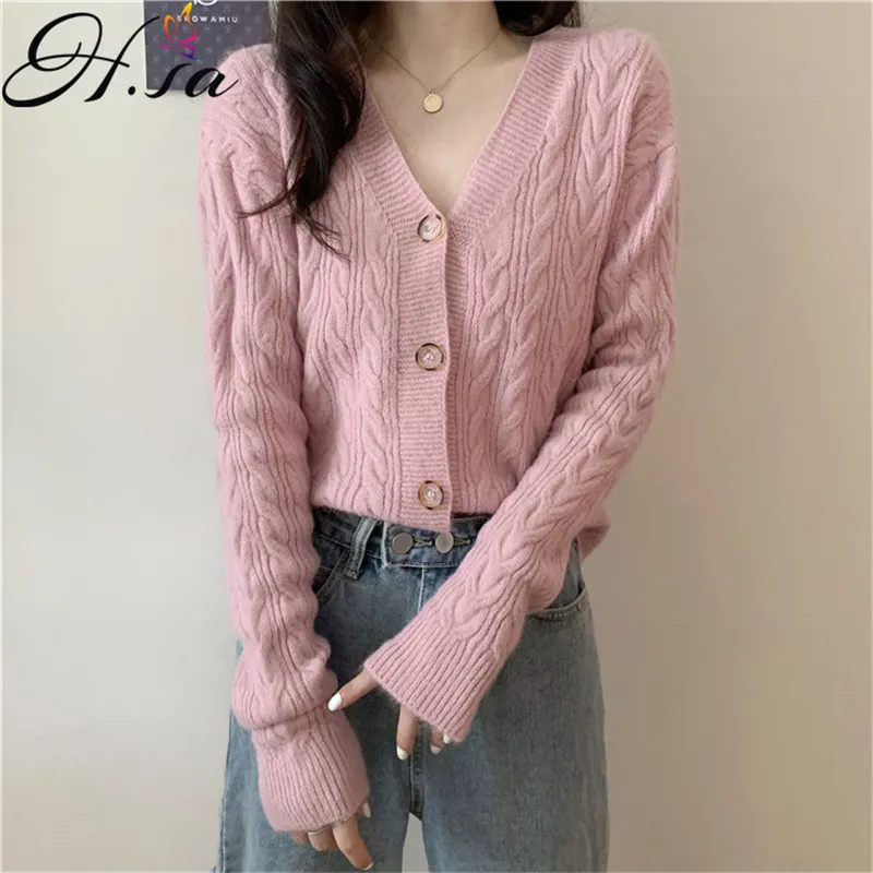 H.SA femmes doux veste torsadée boutonné rose pull tenue tricot mince coréen Cardigans Mujer 210417