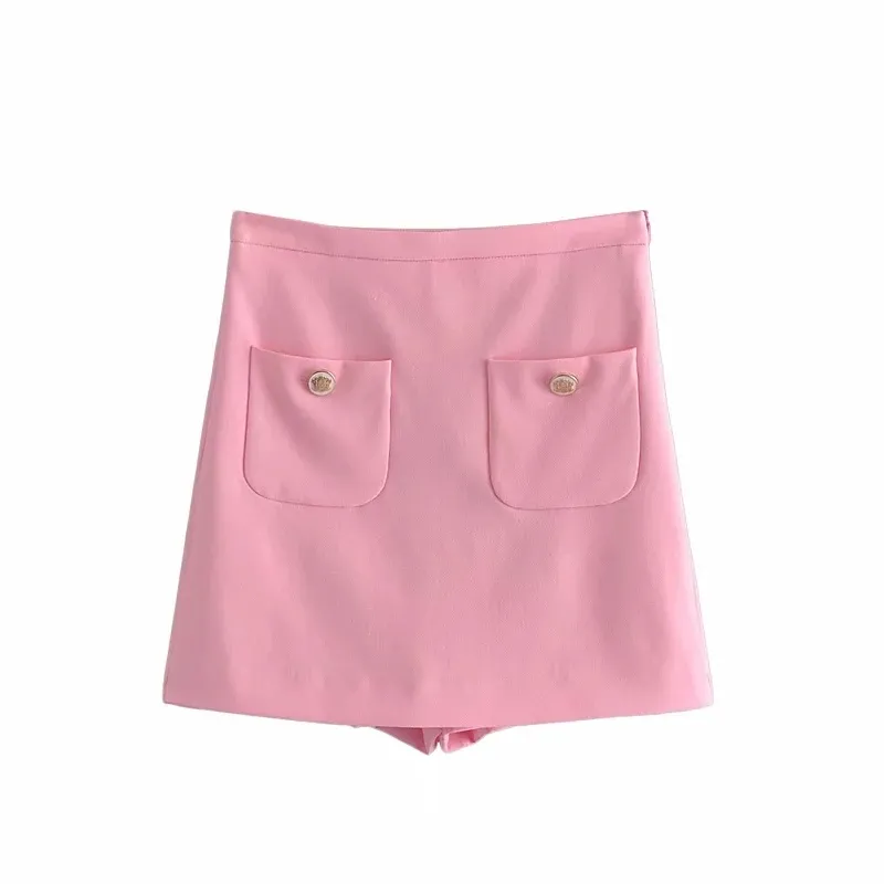 Femmes élégantes Rose Tweed Shorts Mode Double Poches Solide Shorts d'été Chic Streetwear 210521