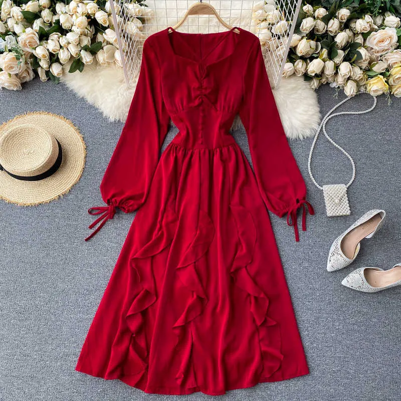 Осень зима красное длинное платье для женщин одежда элегантный квадратный воротник с длинным рукавом рюфля платья женские a-line Vestidos 2020 новый Y0603