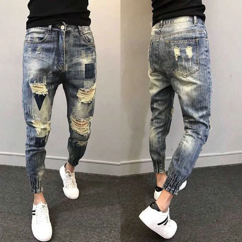 Commercio all'ingrosso 2020 adolescenti Spirito sociale ragazzo pantaloni strappati pantaloni alla moda tiepants gamba piedi pantaloni alla caviglia jeans pantaloni harem slim da uomo X0615