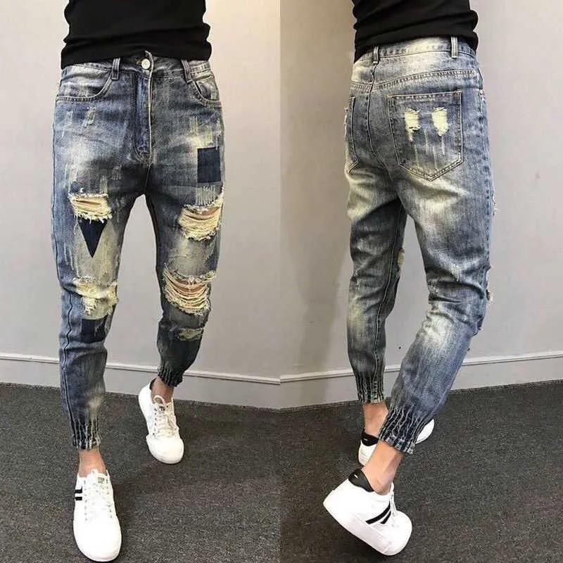 Gros 2020 adolescents esprit social gars déchiré pantalon cravate à la mode jambe pieds pantalon cheville longueur jeans hommes sarouel slim X0615