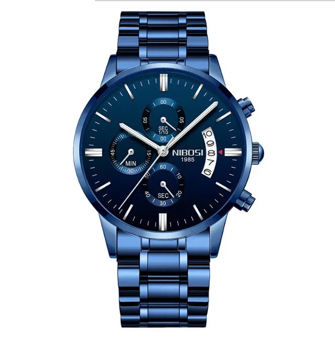 Nibosi Brand Quartz Chronograph Stopwatch Fine di qualità orologio da uomo in acciaio inossidabile orologio luminoso Data di vita impermeabile.